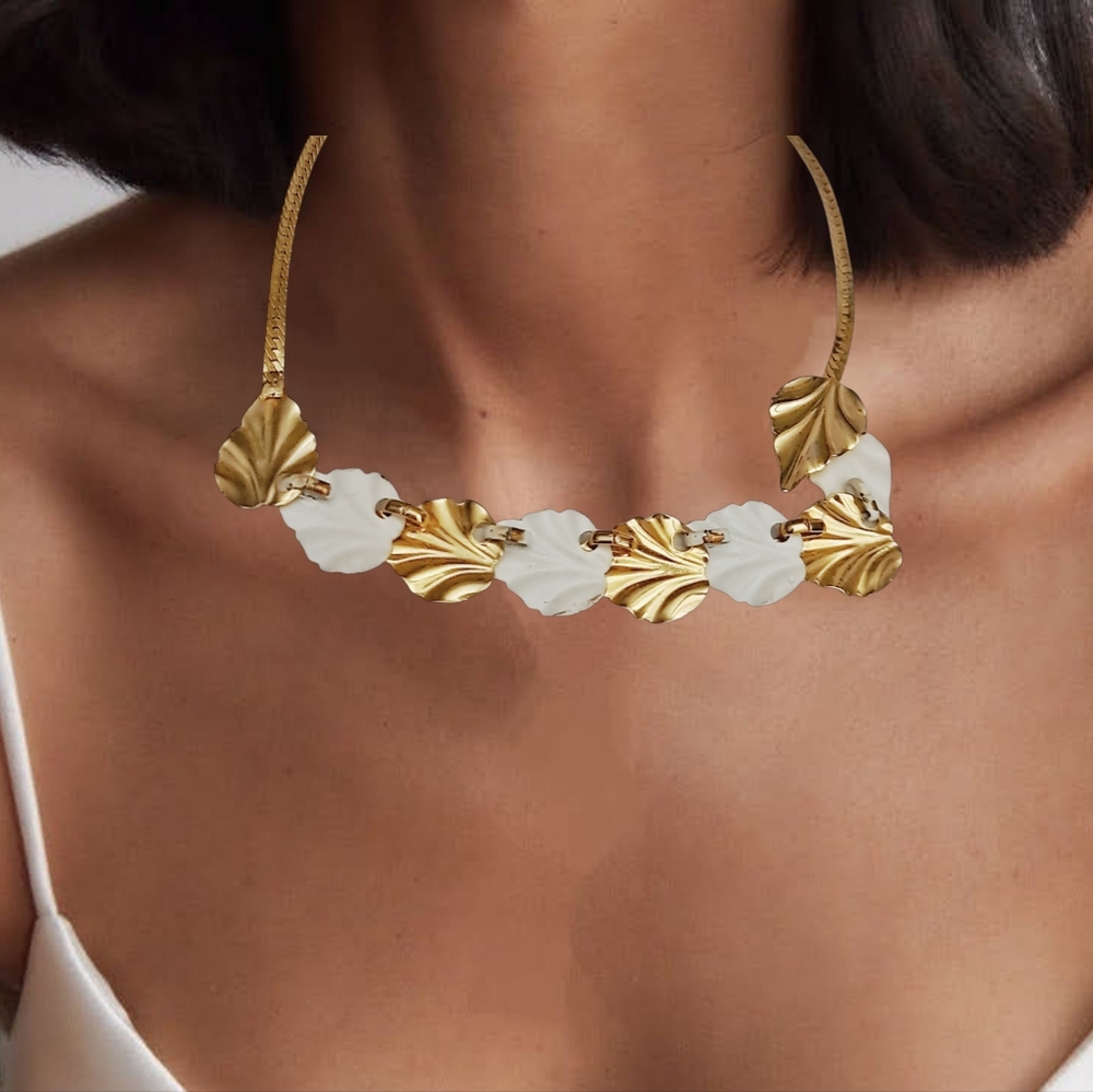 Gold & White Leaf Choker Necklace with Gold Tone Chain | Vintage Style | NWOT